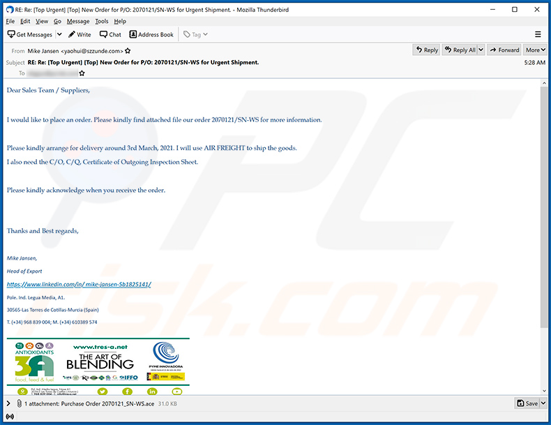Air Freight-themed spam email spreading malware