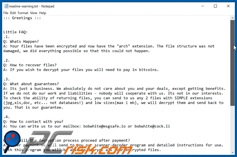 arch ransomware readme-warning.txt appearance