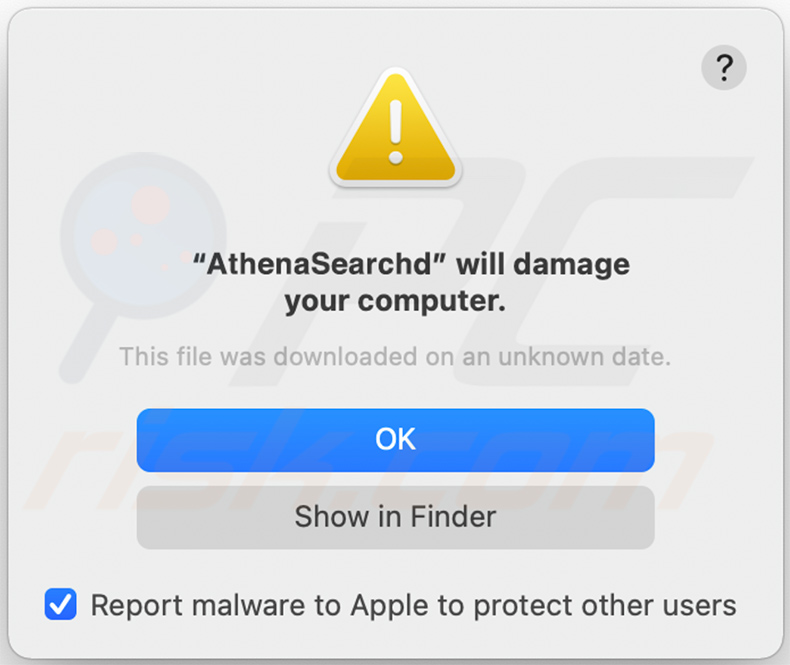 AthenaSearch adware warning pop-up