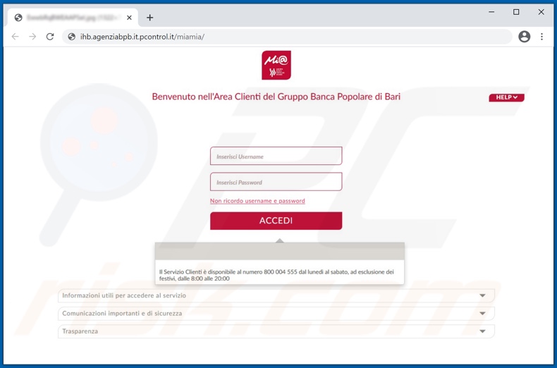Banca Popolare di Bari email scam promoted phishing website