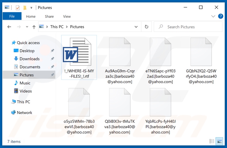 Files encrypted by Barboza ransomware ([random_string].[barboza40@yahoo.com] - renaming pattern)