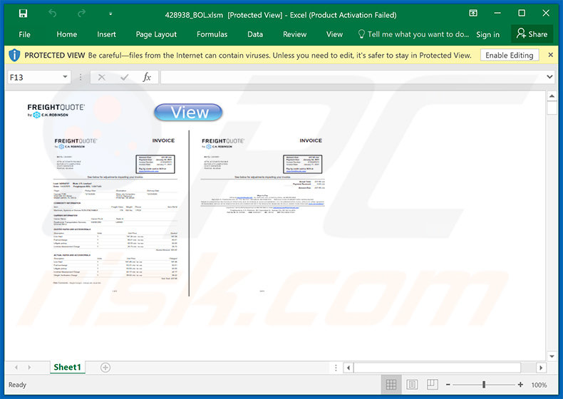 Malicious MS Excel doc distributed via Bill Of Lading email spam (2021-03-17)