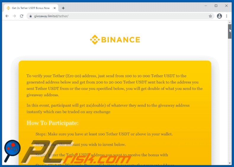 Binance-themed scam offering Tether cryptocurrency