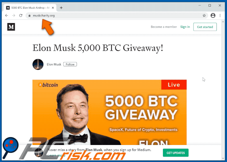 Elon Musk-themed Bitcoin giveaway scam website - muskcharity.org (2021-03-24)