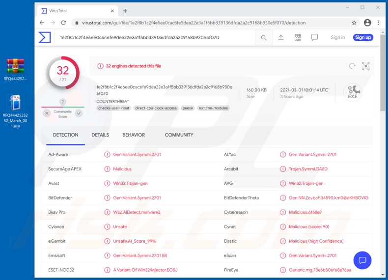 C.N. FREIGHT & SHIPPING email virus distributed attachment detections (RFQ#442525252_March_001.exe)