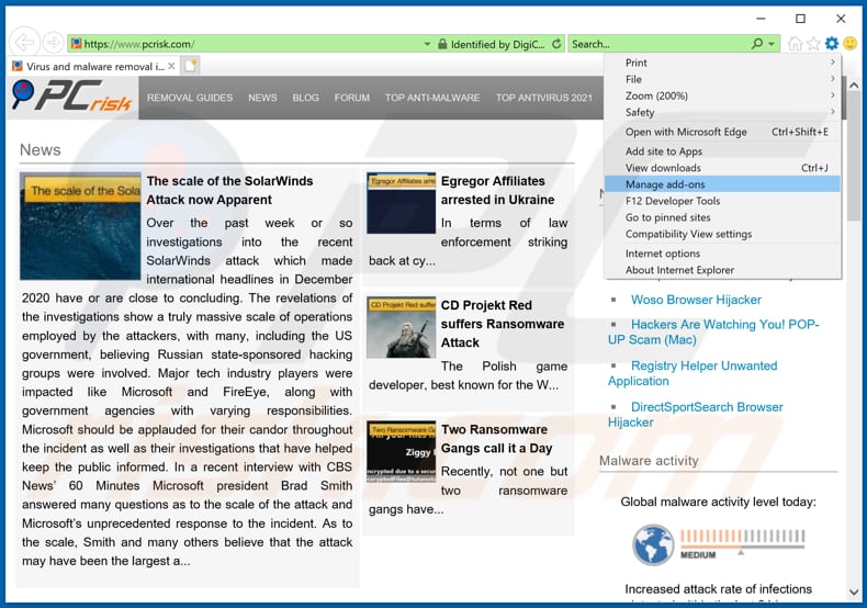 Removing rogue extensions from Internet Explorer step 1
