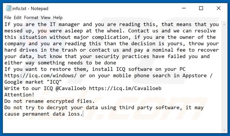 CAVALLOZIPULYA ransomware text file (info.txt)