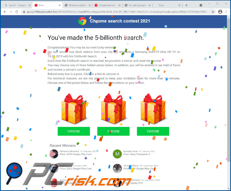 Appearance of Chrome search contest 2021 scam (GIF)