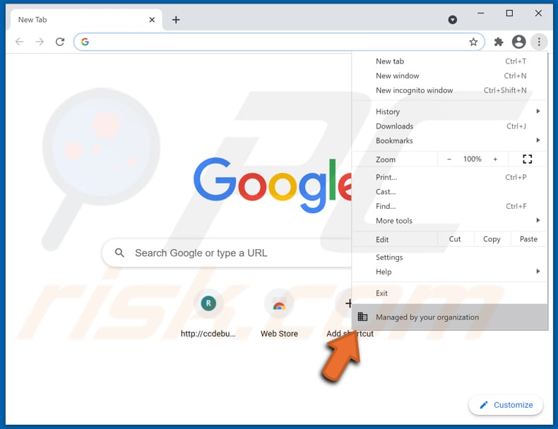 conf search browser hijacker adds managed by your organization feature