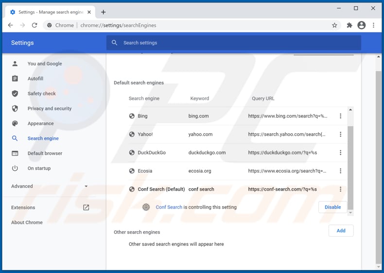 Removing conf-search.com from Google Chrome default search engine