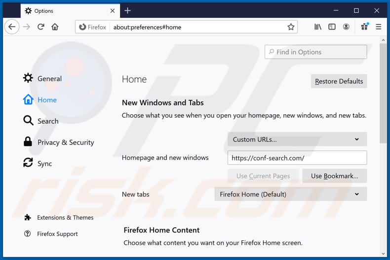 Removing conf-search.com from Mozilla Firefox homepage