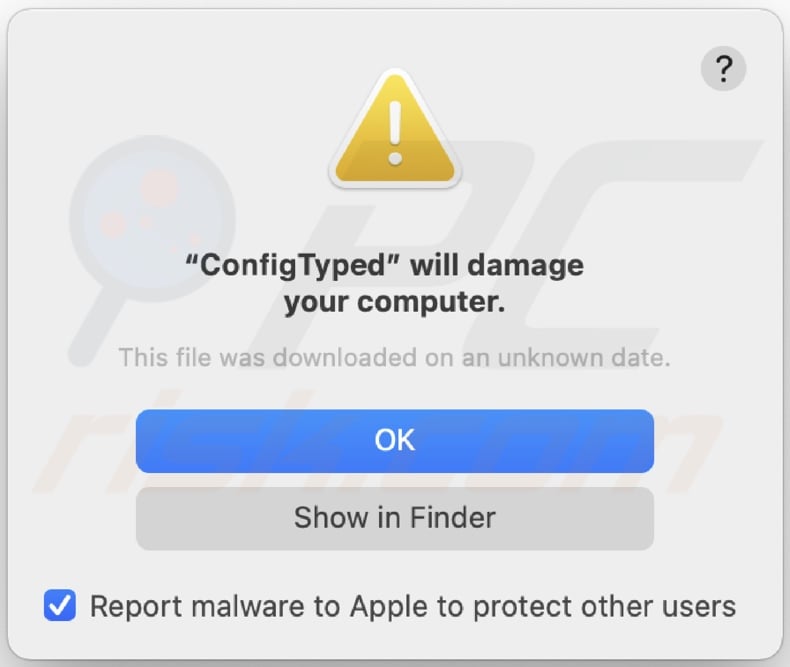 Pop-up displayed when ConfigType adware is installed