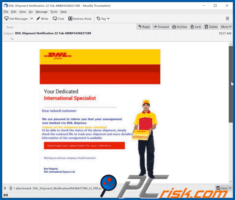 Consignment was booked via DHL Express scam email appearance (GIF)