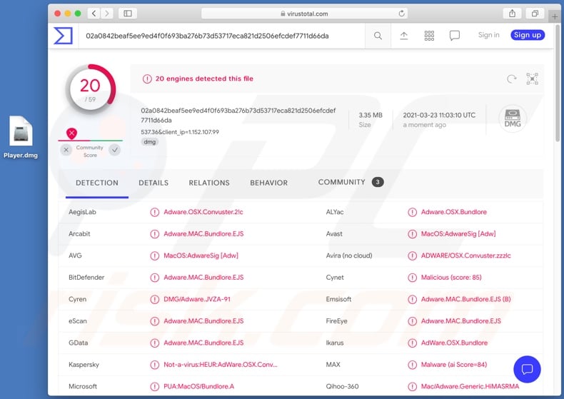 Convuster adware detections on VirusTotal