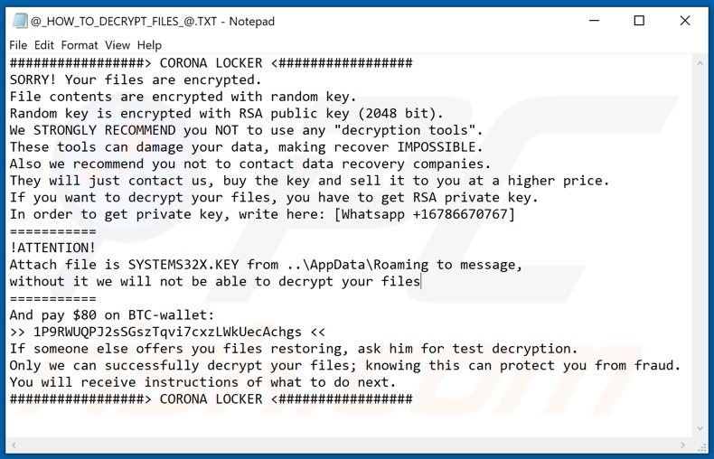 CORONA LOCKER decrypt instructions (@_FILES_WERE_ENCRYPTED_@.TXT, @_HOW_TO_PAY_THE_RANSOM_@.TXT, and @_HOW_TO_DECRYPT_FILES_@.TXT)