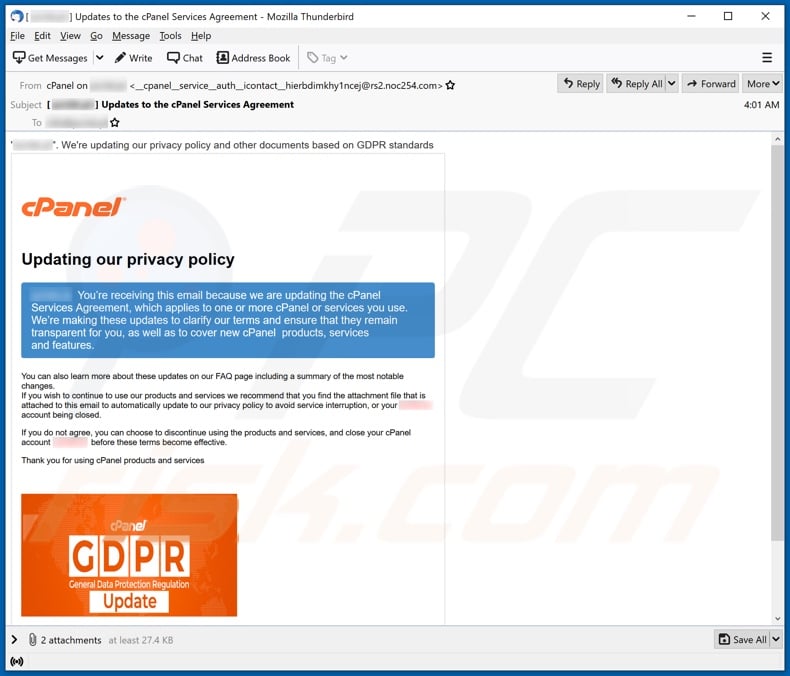 Variant of the cPanel scam email