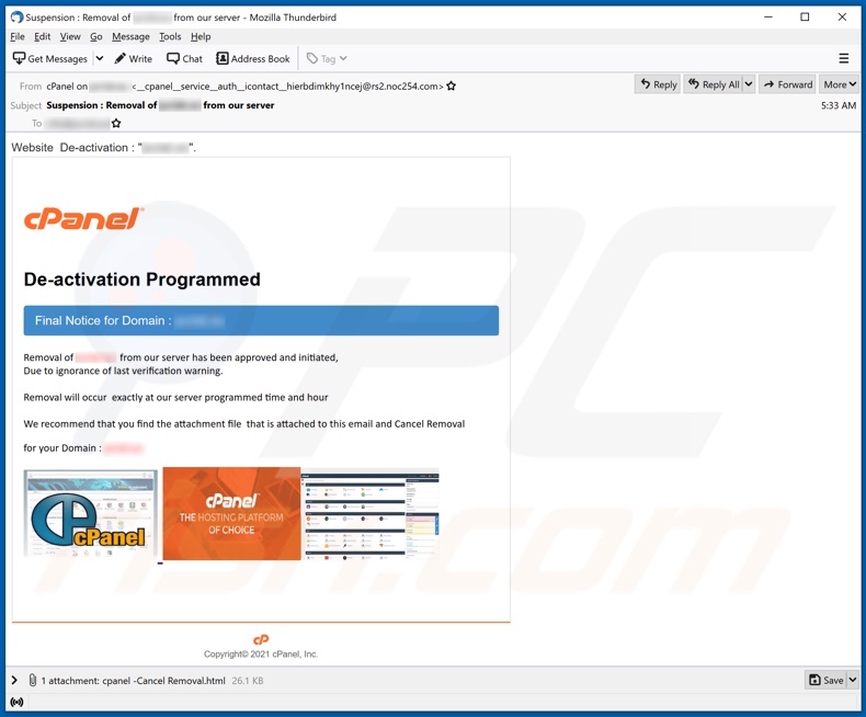 cPanel email scam second variant