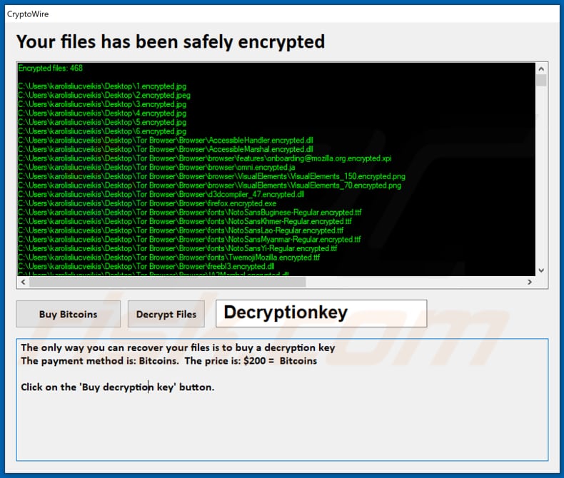 CryptoWire decrypt instructions (pop-up window)