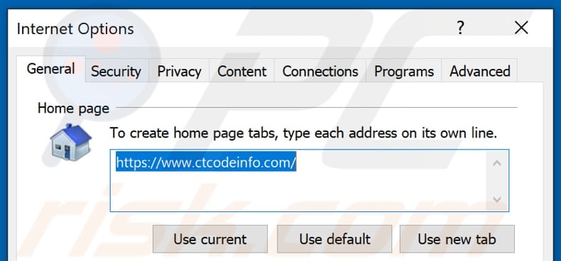 Removing ctcodeinfo.com from Internet Explorer homepage