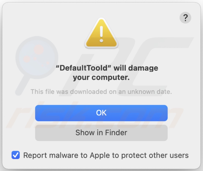 Pop-up displayed when DefaultTool adware is installed