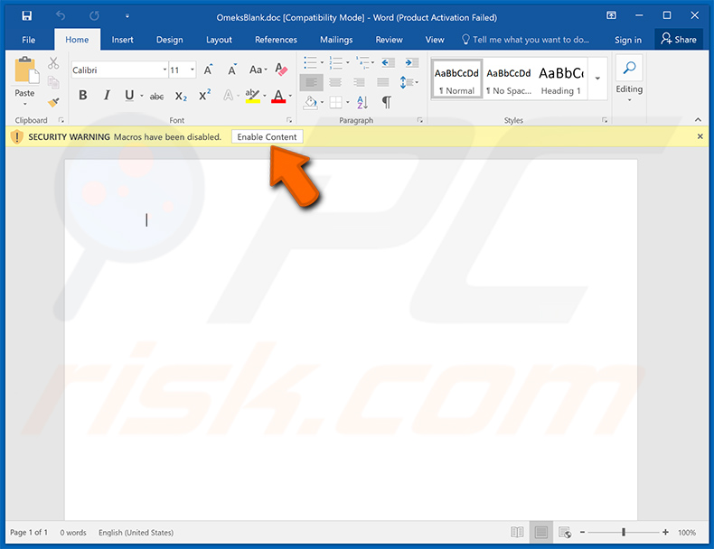 Blank MS Word document spreading DemonWare ransomware