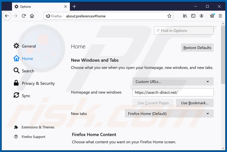 Removing search-direct.net from Mozilla Firefox homepage