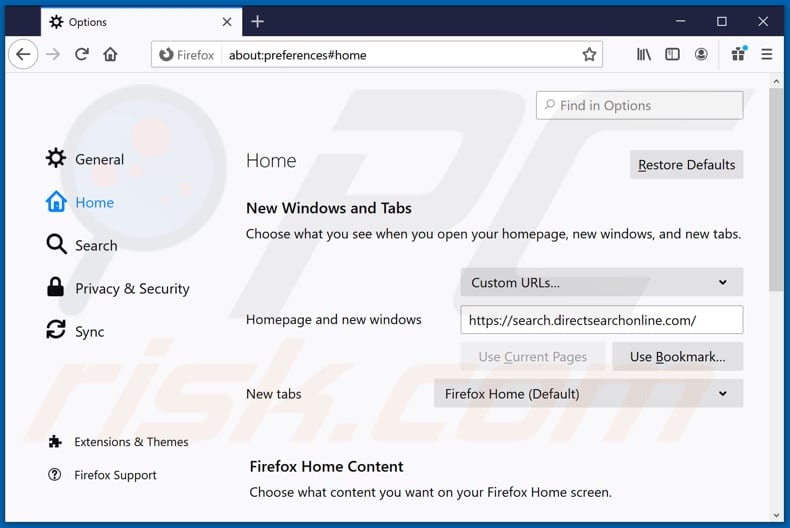 Removing search.directsearchonline.com from Mozilla Firefox homepage