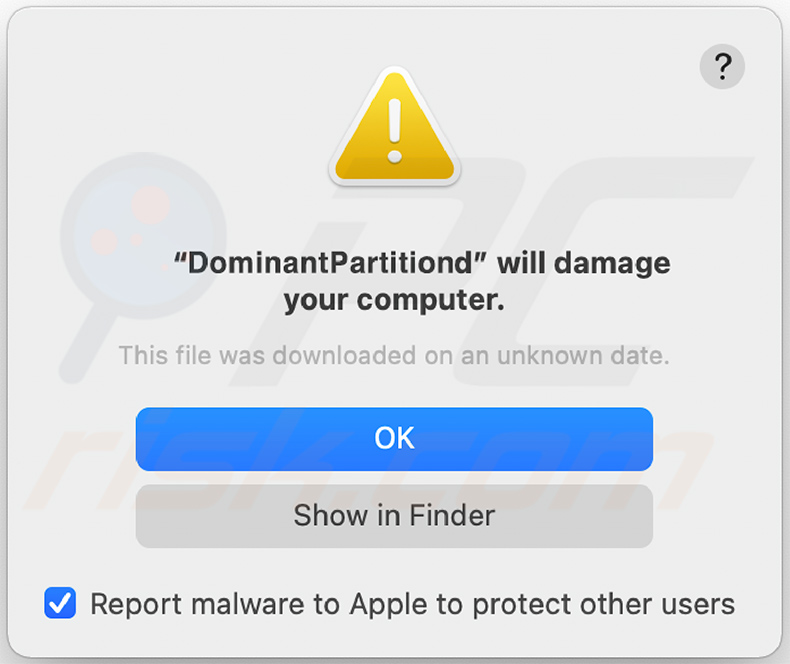 DominantPartition adware warning pop-up