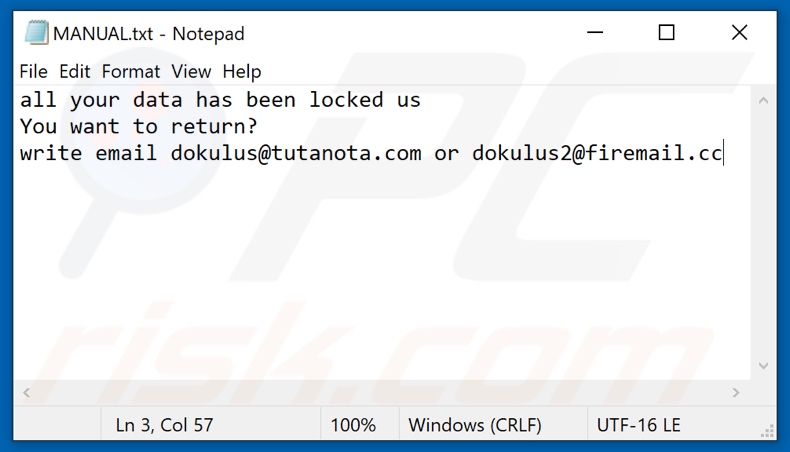 Duk ransomware text file (MANUAL.txt)