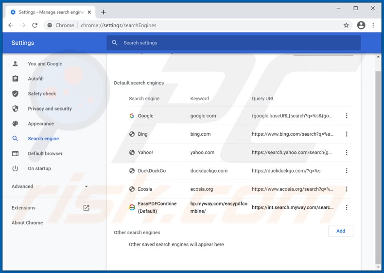 Removing hp.myway.com from Google Chrome default search engine