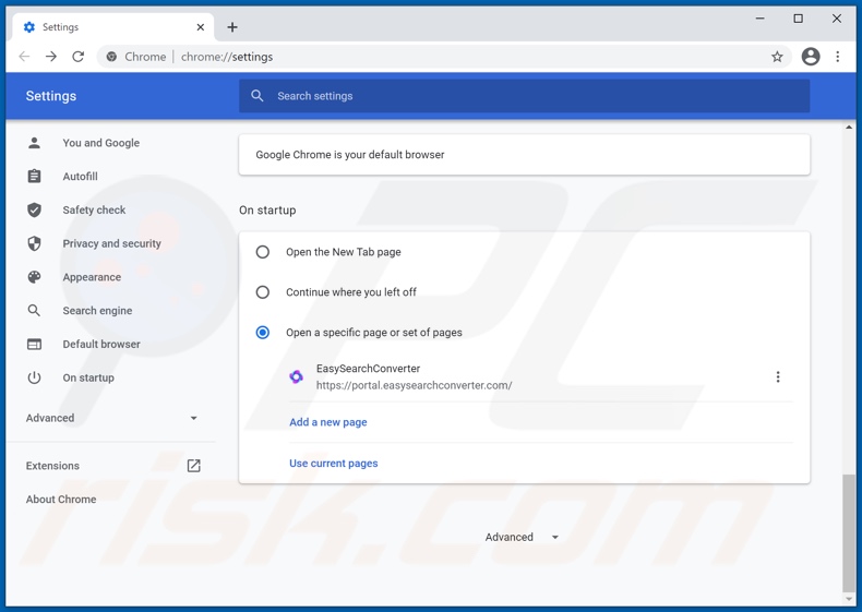 Removing easysearchconverter.com from Google Chrome homepage