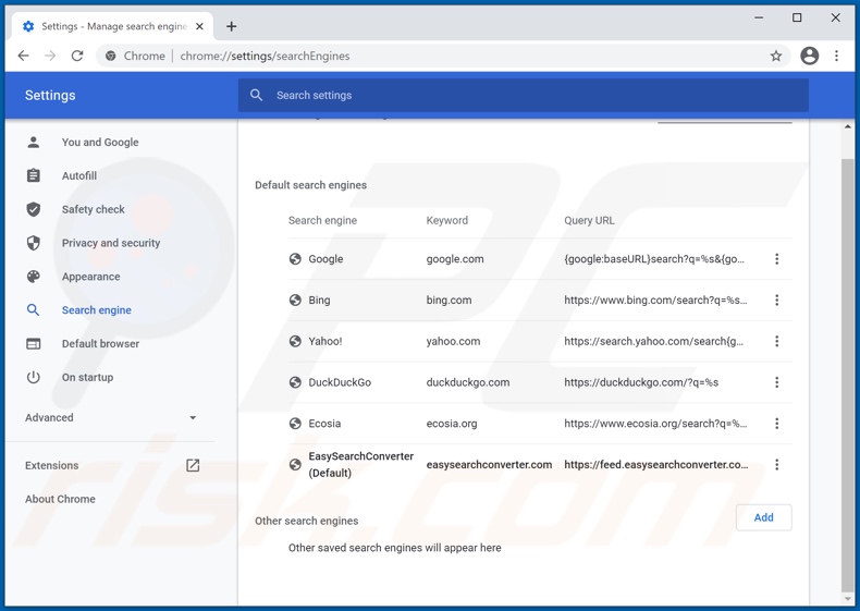 Removing easysearchconverter.com from Google Chrome default search engine