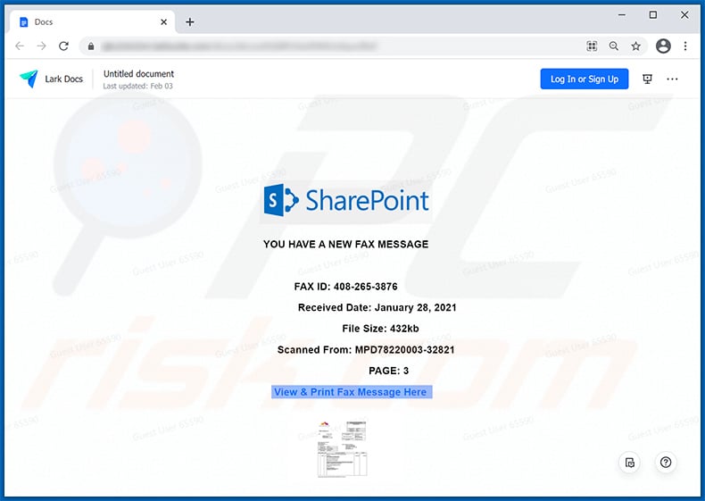 Deceptive website promoted via eFax-themed spam emails