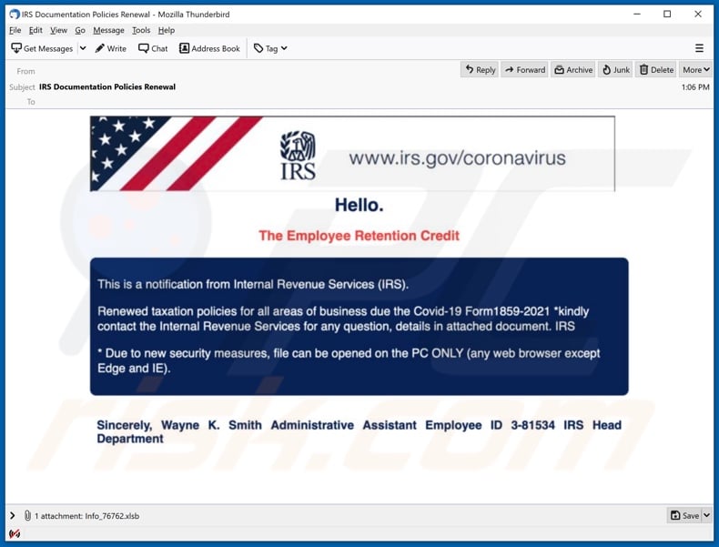 Employee Retention Credit malware-spreading email spam campaign