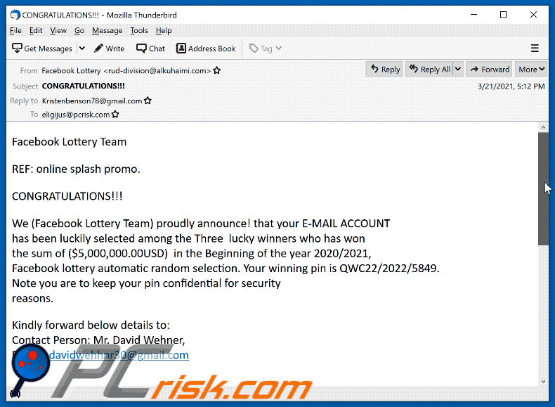 Facebook Lottery scam email appearance (GIF)