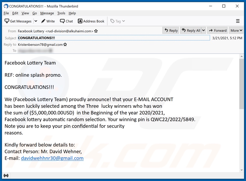 Facebook Lottery email spam campaign