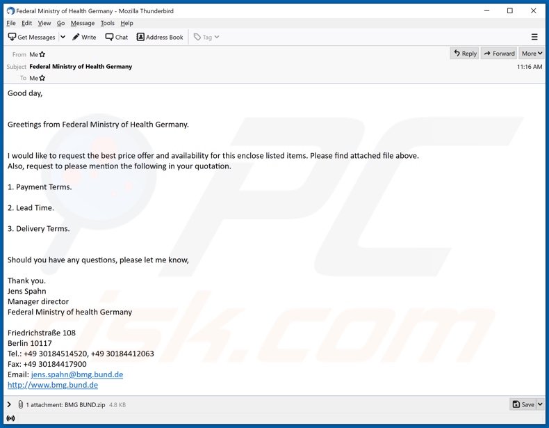 Federal Ministry of Health Germany malware-spreading email spam campaign