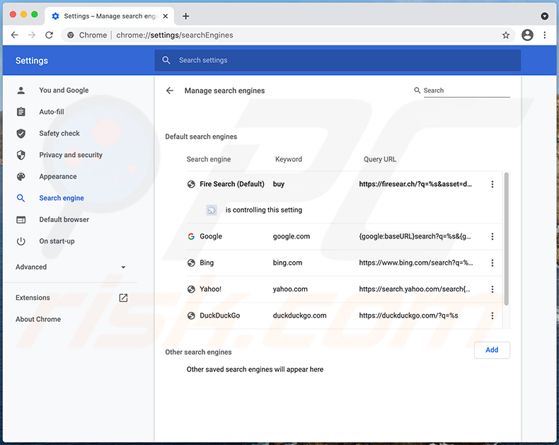 Fire Search browser hijacker managing Google Chrome search engine