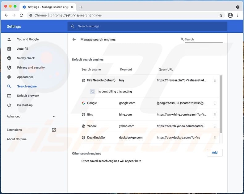 Fire Search browser hijacker managing Google Chrome search engine