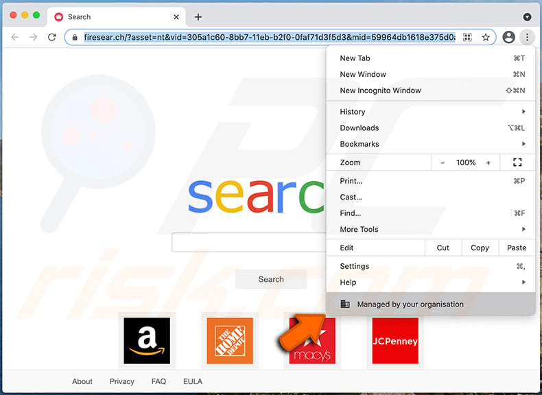Fire Search browser hijacker adding the Managed by your organization feature