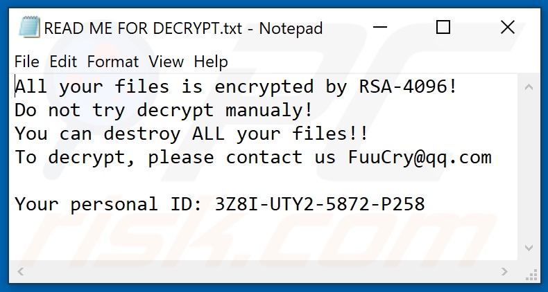 FuuCry ransomware text file (READ ME FOR DECRYPT.txt)