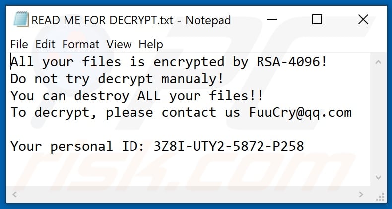 FuuCry ransomware text file (READ ME FOR DECRYPT.txt)