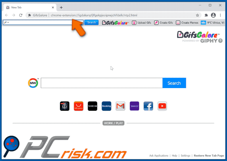 GifsGalore browser hijacker appearance (GIF)