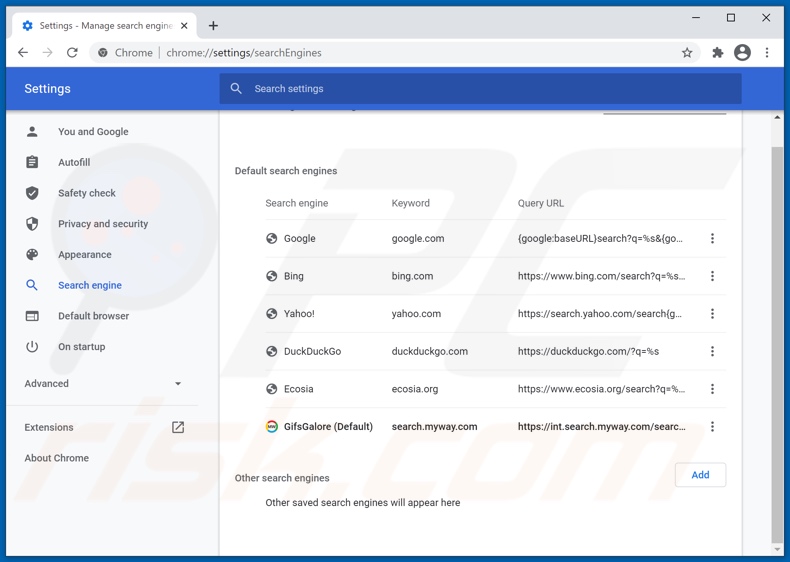 Removing hp.myway.com from Google Chrome default search engine