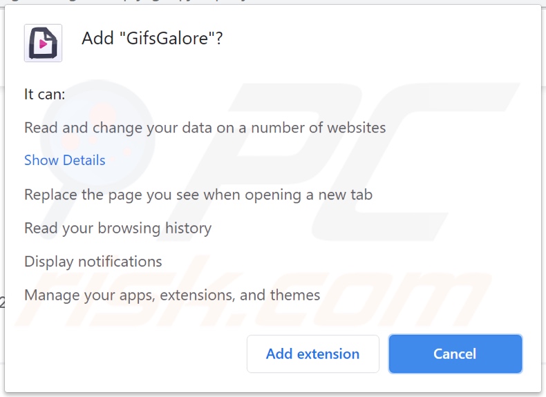 GifsGalore browser hijacker asking for permissions