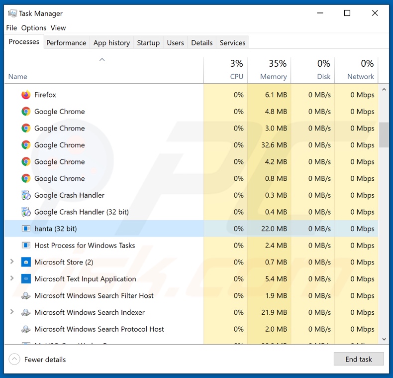 HANTA ransomware process on task manager (hanta - process name)