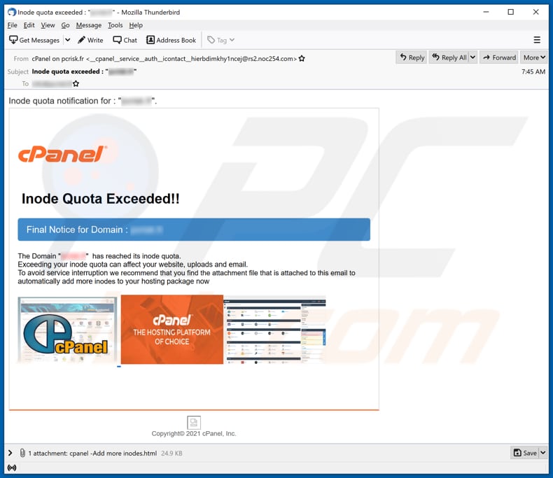 Inode Quota Exceeded email scam email spam campaign