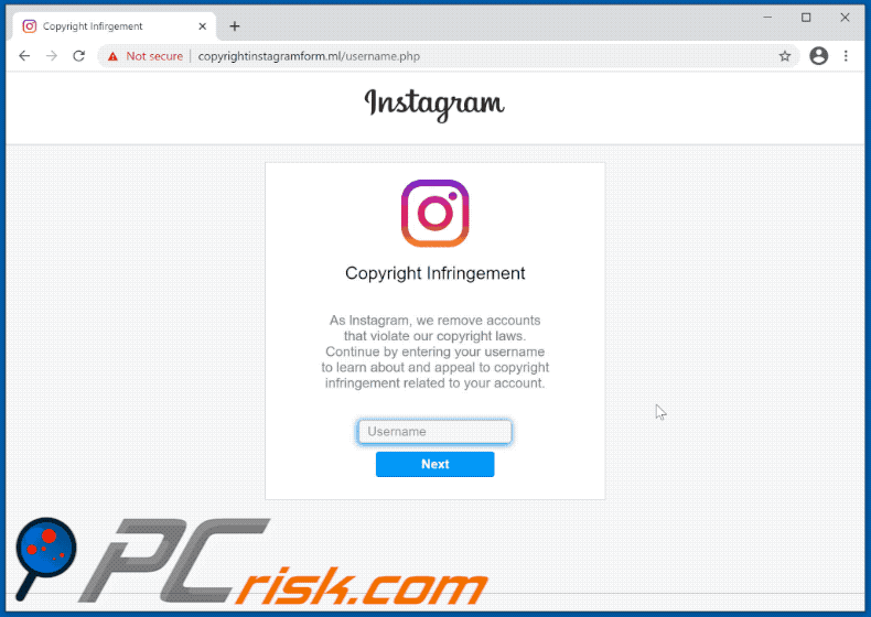 Appearance of Instagram Copyright Infringement scam (GIF)