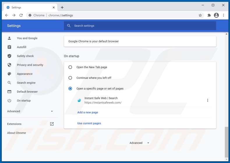 Removing instantsafeweb.com from Google Chrome homepage