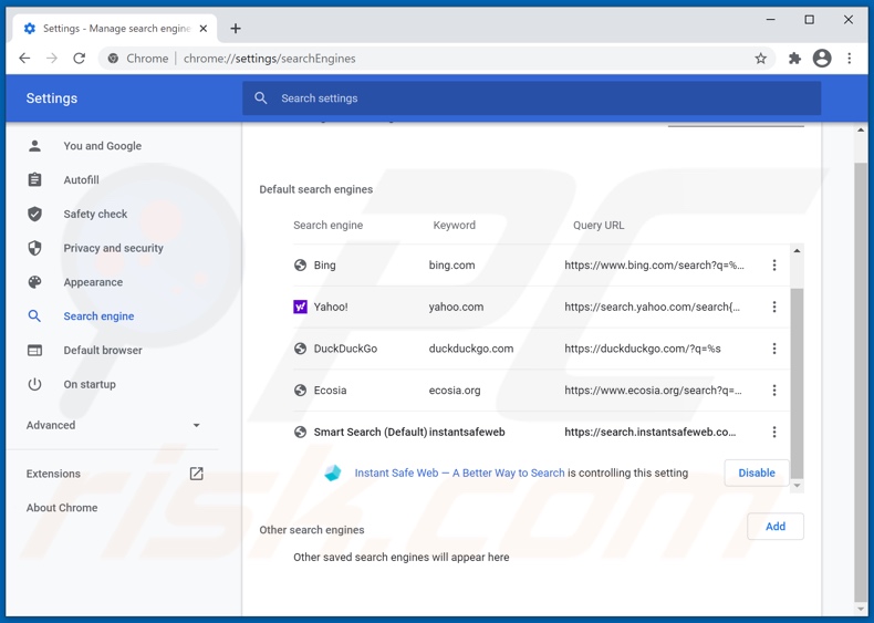 Removing instantsafeweb.com from Google Chrome default search engine